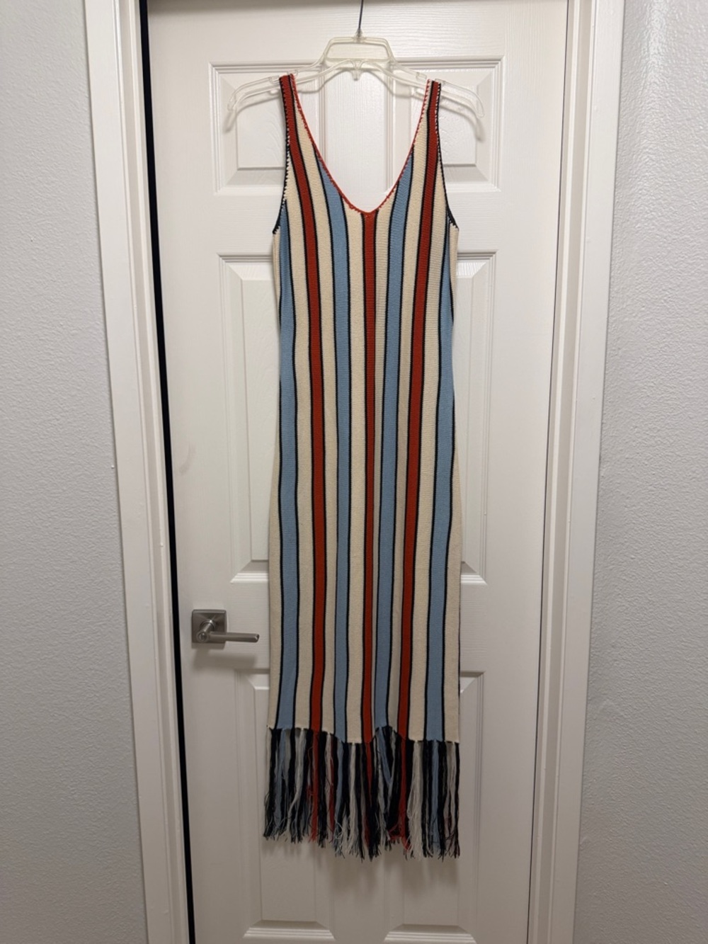 Striped Knit Fringe Maxi Dress in Blue, Rust & Cream